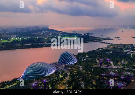 Aerial view of Cloud Forest, the Flower Dome, and the Supertree Grove in Gardens by the Bay, Singapore at sunrise Stock Photo
