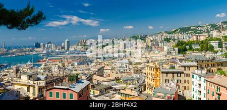 Genoa, Italy, September 11, 2018: Top aerial scenic panoramic view from above of old historical centre quarter of european city Genova and harbor of Ligurian and Mediterranean Sea, Liguria Stock Photo