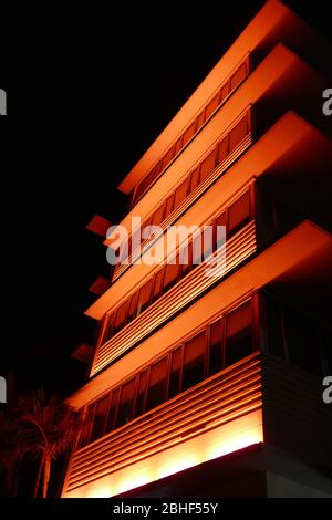 MIAMI, USA - November 25, 2017: Iluminated building on famous Ocean Drive in Miami Beach, Florida Stock Photo