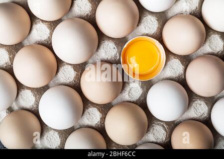 Chicken eggs in organic packaging closeup. Egg half broken among other eggs. Food photography Stock Photo