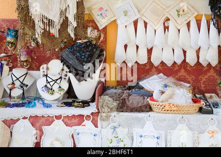 Handmade lace on Burano Island, Venice, Italy, Europe Stock Photo