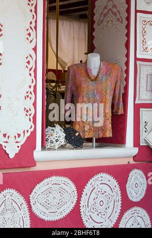 Handmade lace on Burano Island, Venice, Italy, Europe Stock Photo