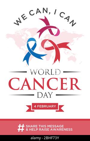 World cancer day lettering element design with different color ribbon on white background. Stock Vector