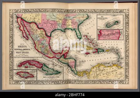 Map of Mexico, Central America, the West Indies, Cuba; Jamaica; Bermuda Islands, and a map of the Panama Railroad. A restored historic map reproduction. Shows map within open atlas. Stock Photo
