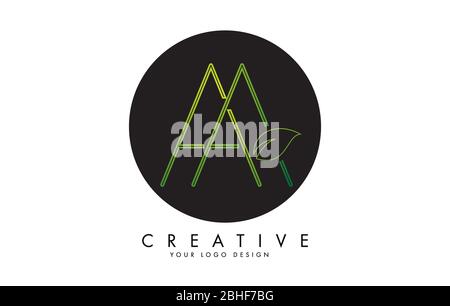 Letters AA with Leaf and Creative Swoosh and Black Circle Logo Design. Eco Letter Vector Illustration. Stock Vector