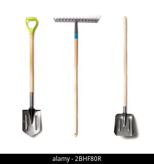 Set of garden tolls isolated. Spade shovel, rake and shovel with wood handle on white background Stock Photo
