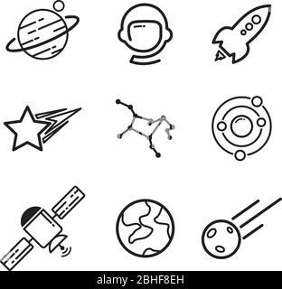 Set space stuff business report and target linear icons. Strategy, Development plan and Space rocket symbols. Vector illustration EPS.8 EPS.10 Stock Vector