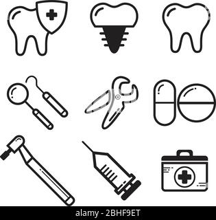 Set linear dental medichine vector for website icon. Thin line vector icons of dental clinic services, stomatology, dentistry, orthodontics, oral heal Stock Vector