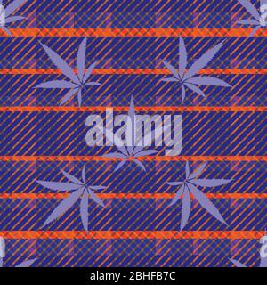 Cannabis leaves seamless vector pattern background. Vibrant neon color hemp foliage on tartan plaid backdrop. Stylish botanical marijuana design. All Stock Vector