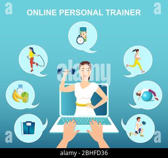 Vector of a woman watching following personal trainer advice online Stock Vector