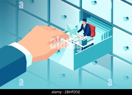 Vector of a big businessman hand pulling a closet compartment box with a sitting inside working employee Stock Vector