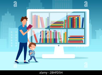 Vector of a father and his little boy using online library to access free books Stock Vector