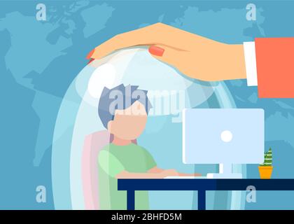 Vector of a mother keeping a child in a glass dome while he is browsing web. Safe internet surfing for kids concept Stock Vector