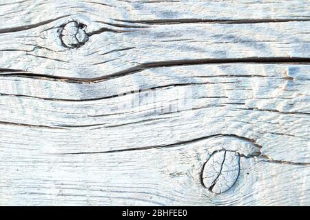 Particle of whitewashed pine wall of house with knot and cracked closeup. Texture, background Stock Photo