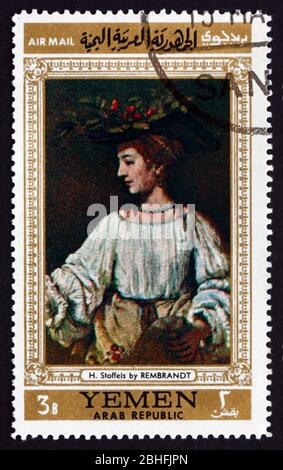 YEMEN - CIRCA 1968: a stamp printed in the Yemen Arab Republic shows Portrait of Hendrickje Stoffels, Painting by Rembrandt Harmenszoon van Rijn, Dutc Stock Photo