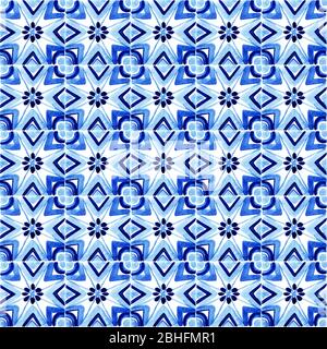 Portuguese Azulejos tile seamless pattern. Traditional Portuguese Mosaic tile decoration. Watercolor blue artwork. Antique ceramics tileable, heritage. Old painted panel with floral pattern Stock Photo