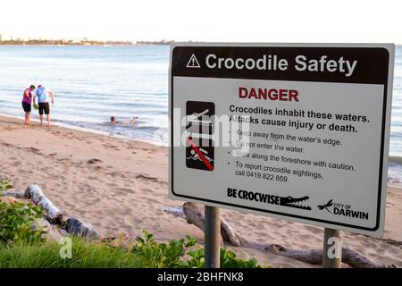 Crocodile safety sign on East Point Beach in Darwin, Northern Territory, Australia. Stock Photo