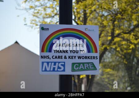 London, UK. 25 April, 2020. A message from Ealing council thanking the NHS, Care & Key Workers during the coronavirus pandemic. Stock Photo