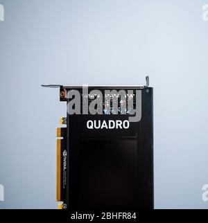 Paris, France - Sep 30, 2019: Square image of new Professional Nvidia Quadro P4000 GPU video card used in professional workstations Stock Photo
