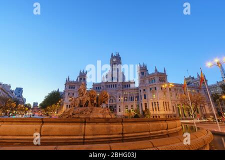 Madrid Spain, sunrise city skyline at Cibeles Fountain Town Square Stock Photo