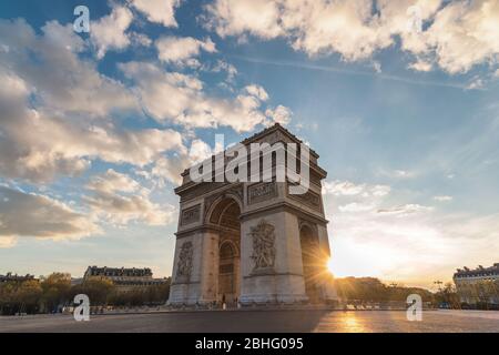 Paris France city skyline sunset at Arc de Triomphe and Champs Elysees empty nobody Stock Photo