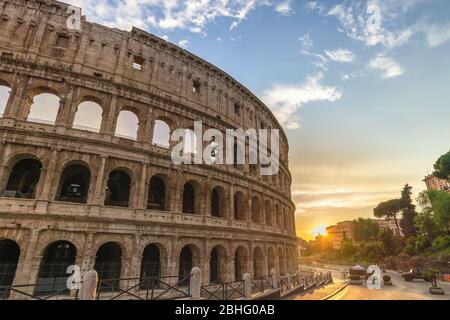 Rome Italy, city skyline sunset at Rome Colosseum empty nobody