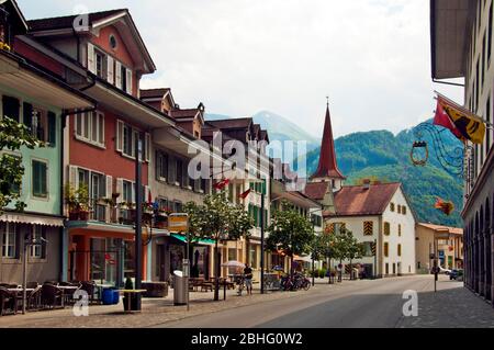 Streetscape in the old quarter of Interlaken, Bern, Switzerland Stock Photo