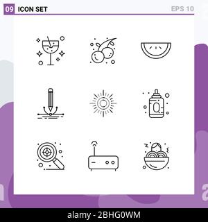 Group of 9 Modern Outlines Set for sunny, draw, food, graphic, design Editable Vector Design Elements Stock Vector