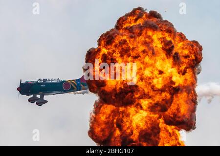 Vultee BT-13 Valiant. Commemorative Air Force vintage airplanes and World War II re-enactment at 2019 Wings Over Houston Airshow at Ellington Field. Stock Photo