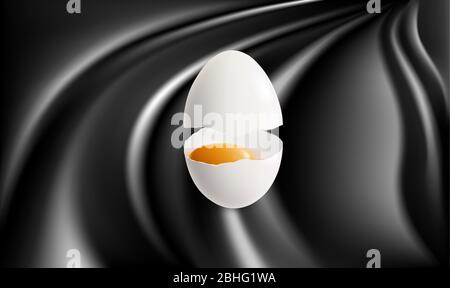 broken egg with yellow yolk on abstract black surface Stock Vector