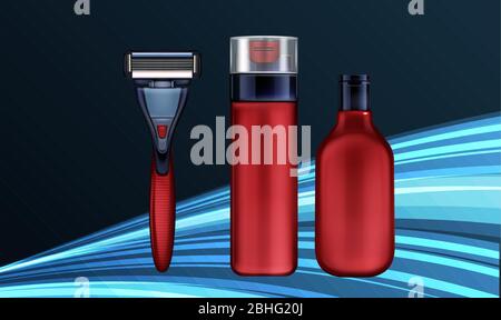 mock up illustration male grooming kit on abstract background Stock Vector