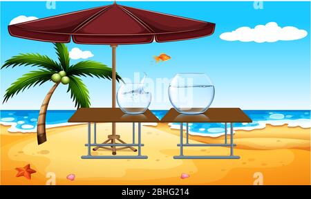 gold fish jumping from one water bowl to another on beach view Stock Vector
