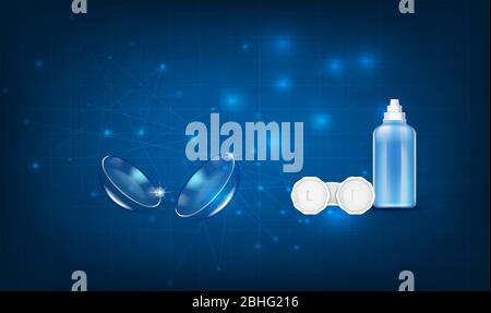 mock up illustration of contact lens case and solution bottle on water background Stock Vector