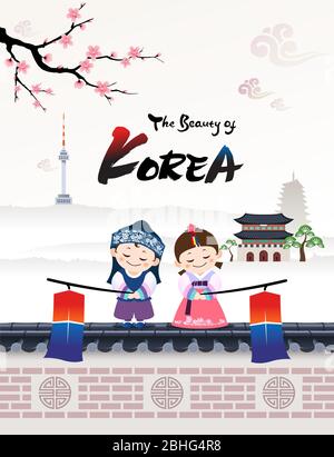 The Beautiful of Korea. A child couple character in Korean traditional hanbok costume welcomes a visit to Korea. Stock Vector
