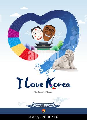 Beautiful Korea. Traditional cultural assets, mask, palace, heart shape brush vector. I love korea Stock Vector
