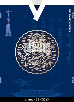 Beautiful Korea. Traditional palace, hanok roof, Joseon royal gown, dragon pattern vector illustration. Korean script, Korean translation. Stock Vector