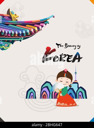 The Beauty of Korea. Hanbok children characters under Korean traditional roof are smiling with fan. Stock Vector