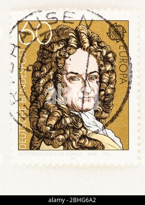 SEATTLE WASHINGTON - April 25, 2020: 1980  Germany Europa CEPT stamp featuring Gottfried Leibniz of Important People themed issue.  Scott # 1329
