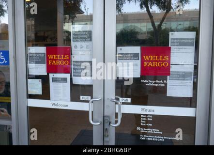 Los Angeles, California, USA 25th April 2020 A general view of atmosphere of closed Wells Fargo Bank due to coronavirus covid-19 pandemic on April 25, 2020 in Los Angeles, California, USA. Photo by Barry King/Alamy Stock Photo Stock Photo