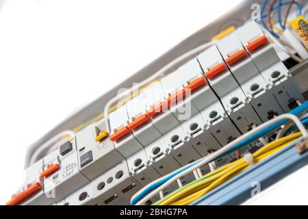Close up elements of consumer electric control panel switchboard for home enclosure for distribution and power electricity Stock Photo