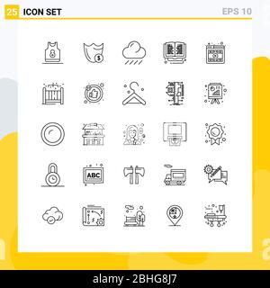 25 Universal Lines Set for Web and Mobile Applications online learning, library, secure, education, rain Editable Vector Design Elements Stock Vector