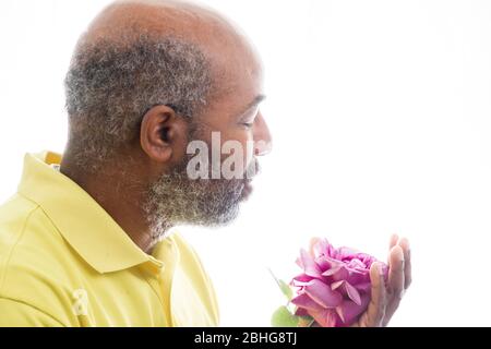 African American man holding a purple rose on white background.  Romantic Concept of love, valentine’s day or Mothers Day Stock Photo