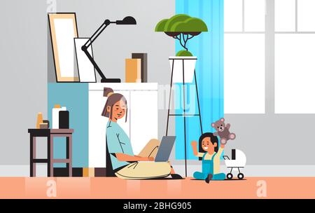 mother freelancer working at home using laptop little daughter playing with toys coronavirus pandemic quarantine self-isolation concept living room interior horizontal full length vector illustration Stock Vector