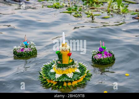 decorated float made from natural materials, beautiful pathian Tennis Accessories. On the wire that is going to drop down the river. Stock Photo