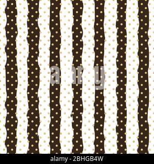 Gold polka dot on trendy background of white and black stripes seamless pattern. Golden foil confetti. Elegant pattern for Christmas background Stock Vector