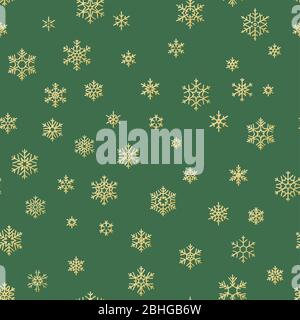 Merry Christmas holiday, Happy New Year celebration golden decoration, simple seamless snowflake pattern. Green wallpaper, wrapping decoration. EPS 10 Stock Vector