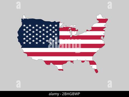 Flag of USA in the shape of the country. Vector graphic of American flag shaped to form the borders of USA nation in the colors of national flag with Stock Vector