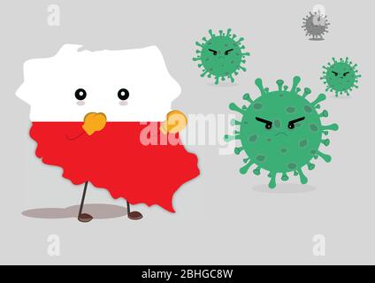 Poland country fighting with corona virus. Illustration of Polish flag in the shape of the Poland country, wearing boxing gloves and fighting with vir Stock Vector