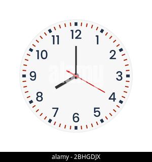 Realistic clock face with minute, hour numbers and second hand. Red center. Symbol watch isolated on white, to use for web and mobile UI. EPS 10 Stock Vector
