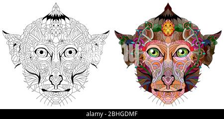 Zentangle monkey head with mandala. Hand drawn decorative vector illustration. Color and outline set Stock Vector